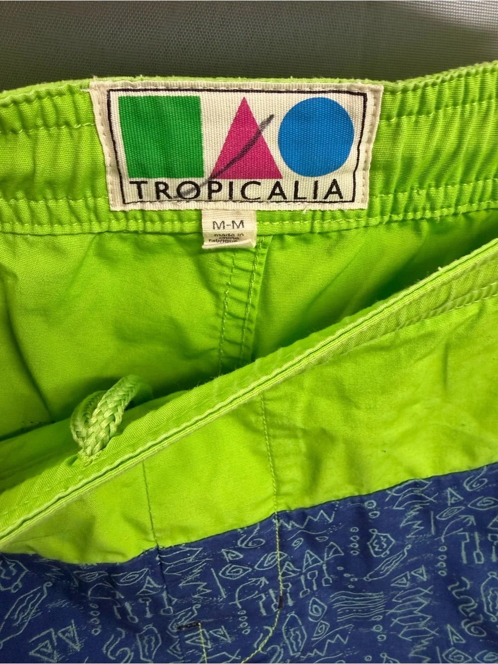 Vintage 90s Men's Lime Green Swim Shorts Navy Graphic Stripe Cotton Medium